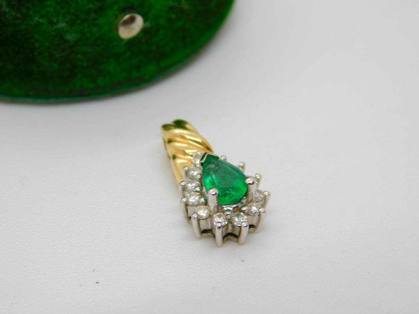 14ct Yellow Gold, Emerald & Diamond Pear Drop Pendant Vintage c1990