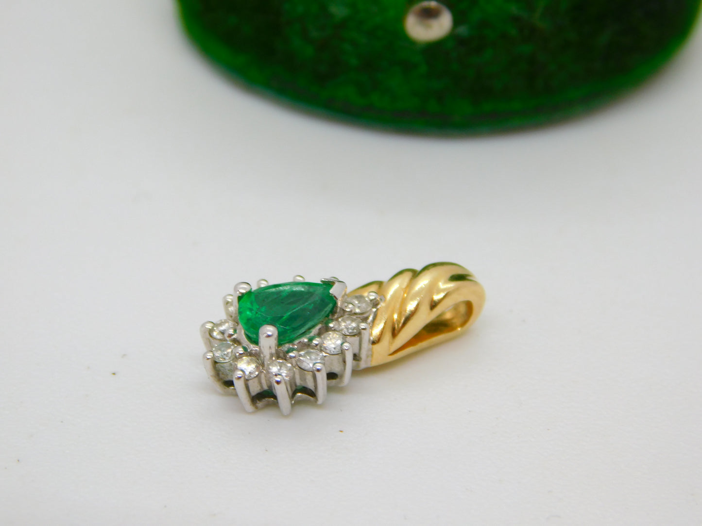 14ct Yellow Gold, Emerald & Diamond Pear Drop Pendant Vintage c1990