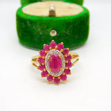 9ct Yellow Gold, Ruby & Diamond Floral Cluster Ring Vintage c1990 Birmingham
