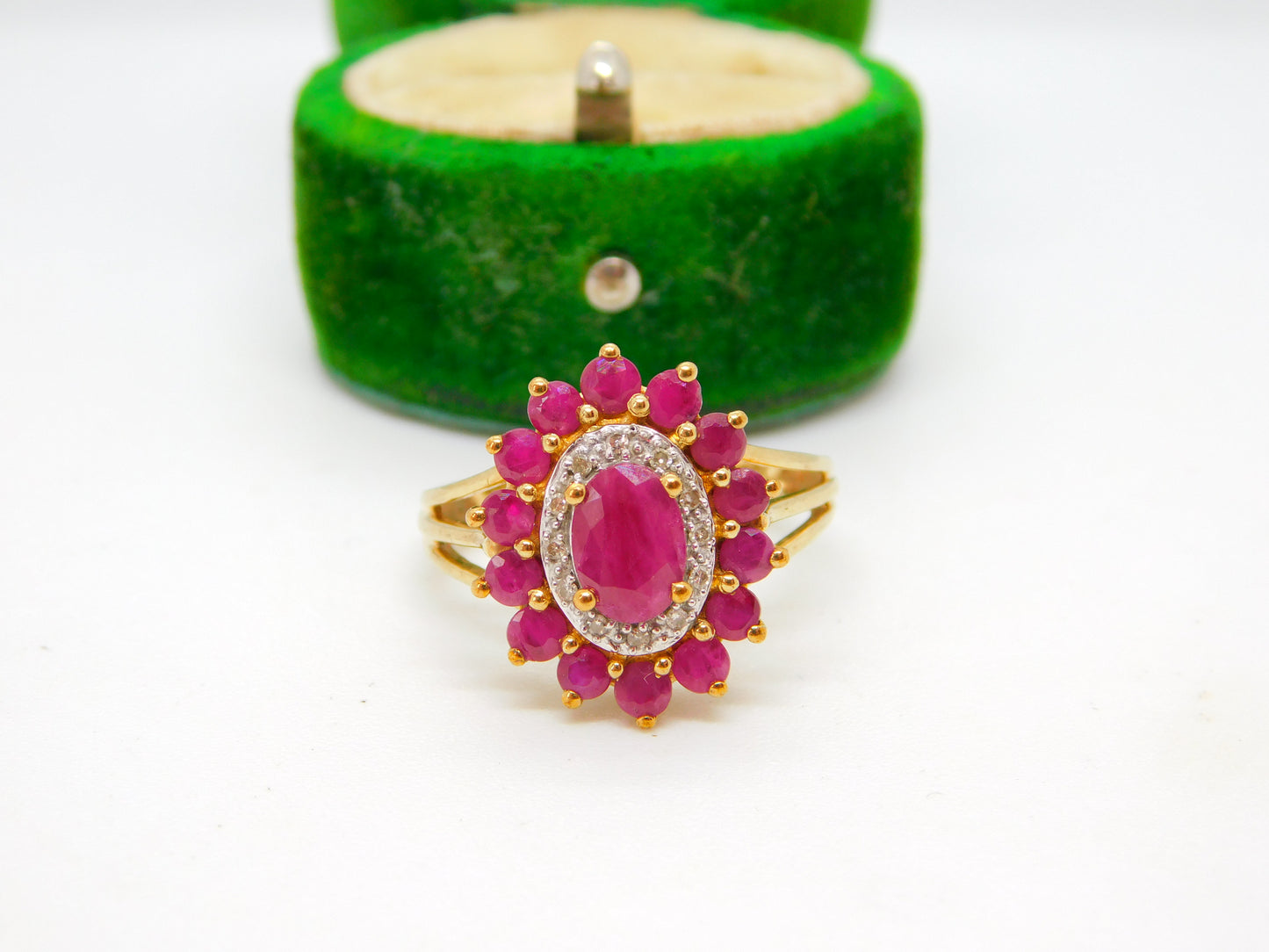 9ct Yellow Gold, Ruby & Diamond Floral Cluster Ring Vintage c1990 Birmingham