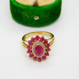 9ct Yellow Gold, Ruby & Diamond Floral Cluster Ring Vintage c1990 Birmingham
