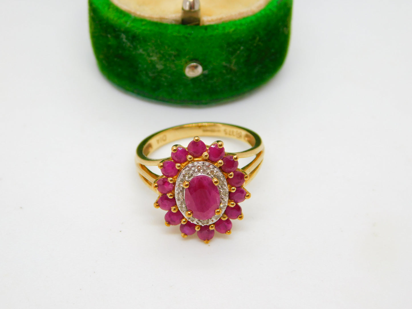 9ct Yellow Gold, Ruby & Diamond Floral Cluster Ring Vintage c1990 Birmingham