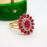 9ct Yellow Gold, Ruby & Diamond Floral Cluster Ring Vintage c1990 Birmingham
