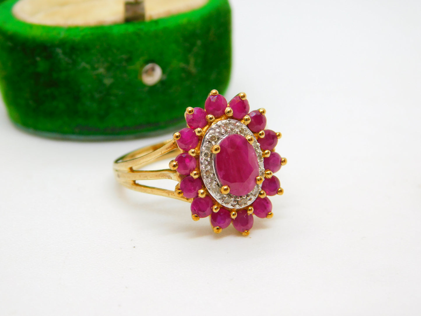 9ct Yellow Gold, Ruby & Diamond Floral Cluster Ring Vintage c1990 Birmingham