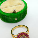 9ct Yellow Gold, Ruby & Diamond Floral Cluster Ring Vintage c1990 Birmingham