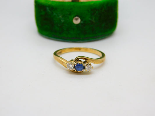 9ct Yellow Gold, Sapphire & Diamond Crossover Ring Vintage 1969 Birmingham