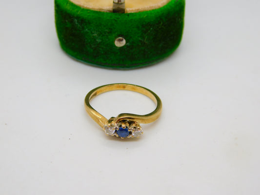 9ct Yellow Gold, Sapphire & Diamond Crossover Ring Vintage 1969 Birmingham