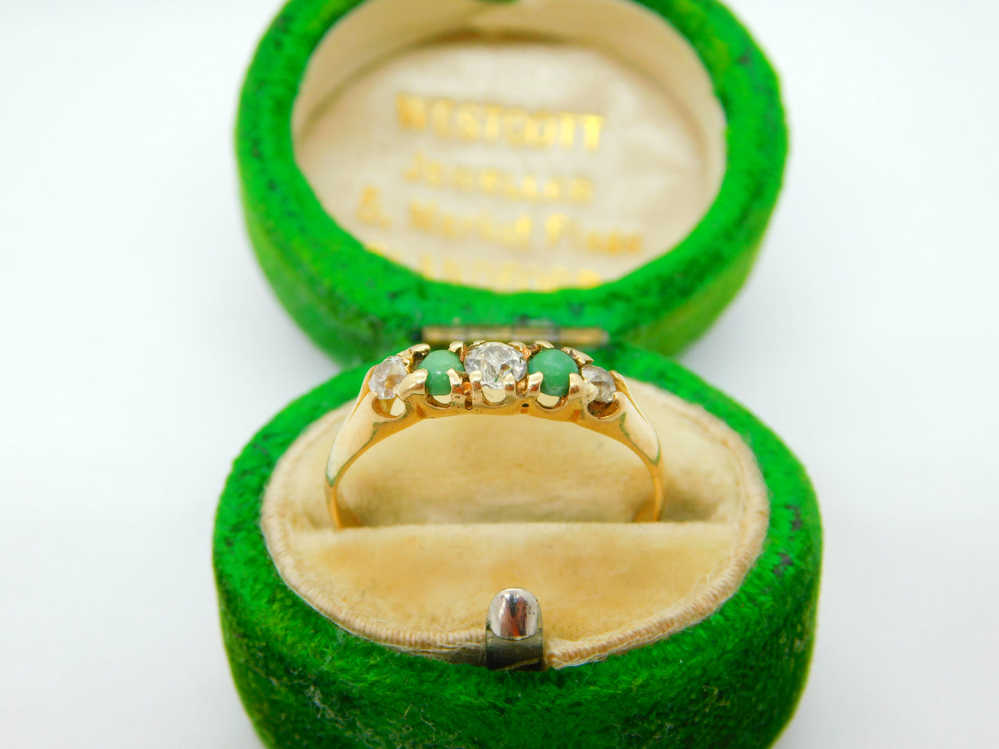 Victorian 15ct Gold, 0.25ct Diamond & Turquoise Boat Ring Antique 1876 Birmingham