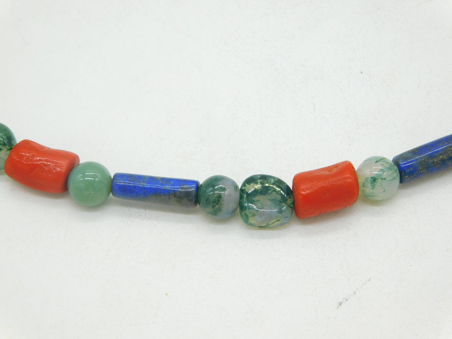 Victorian Moss Agate, Coral, Lapis Lazuli Necklace Pinchbeck Dog Clip Antique