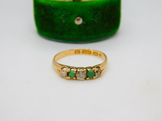 Victorian 15ct Gold, 0.25ct Diamond & Turquoise Boat Ring Antique 1876 Birmingham