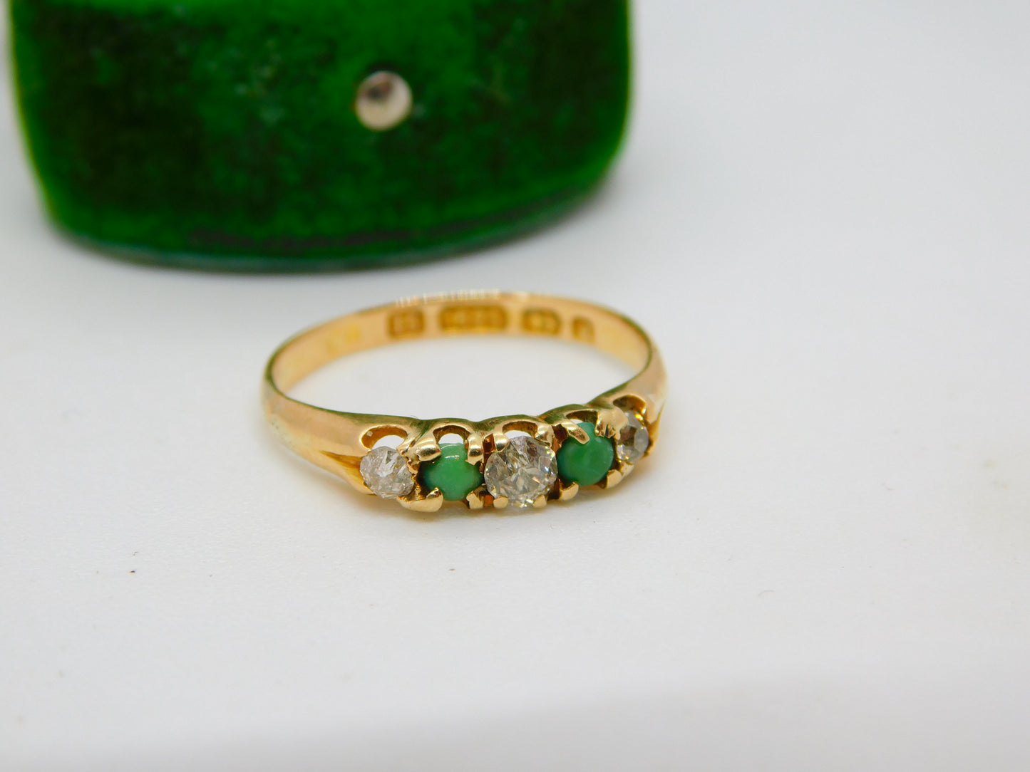 Victorian 15ct Gold, 0.25ct Diamond & Turquoise Boat Ring Antique 1876 Birmingham