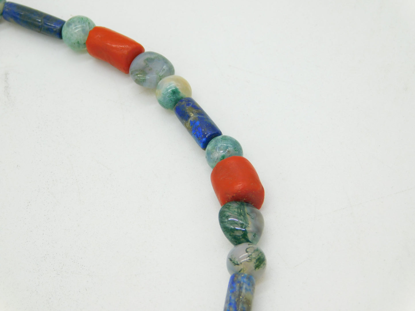 Victorian Moss Agate, Coral, Lapis Lazuli Necklace Pinchbeck Dog Clip Antique
