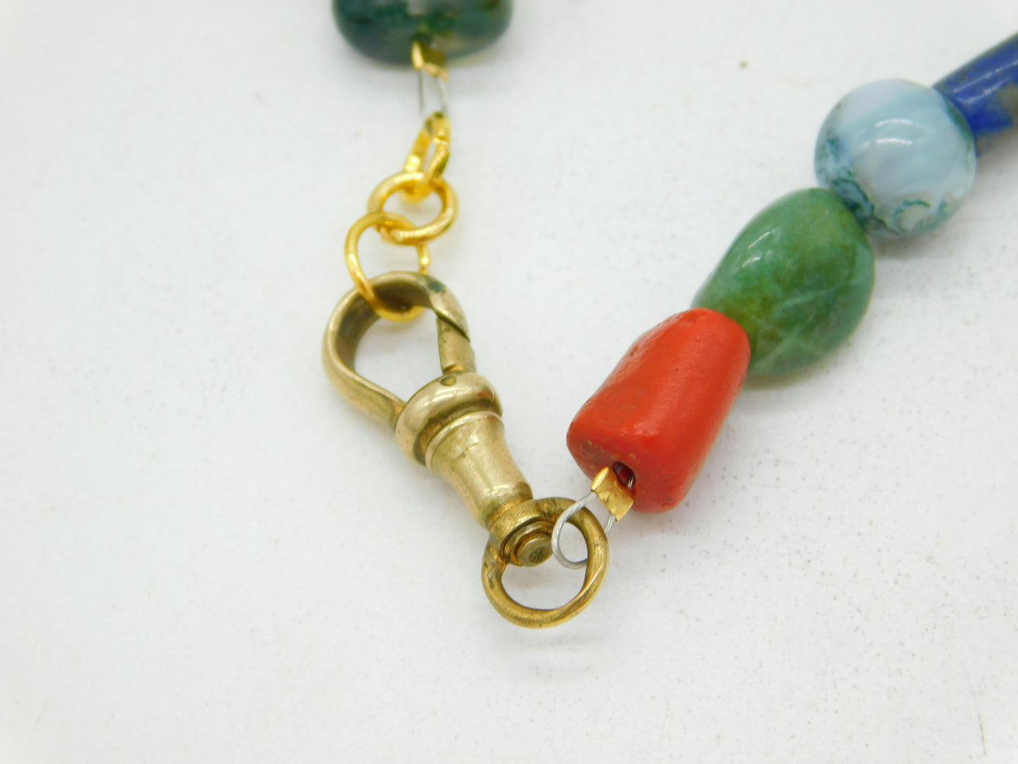 Victorian Moss Agate, Coral, Lapis Lazuli Necklace Pinchbeck Dog Clip Antique