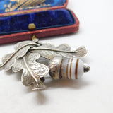 Scottish Victorian Sterling Silver Oak Leaf & Banded Agate Acorn Brooch c1860
