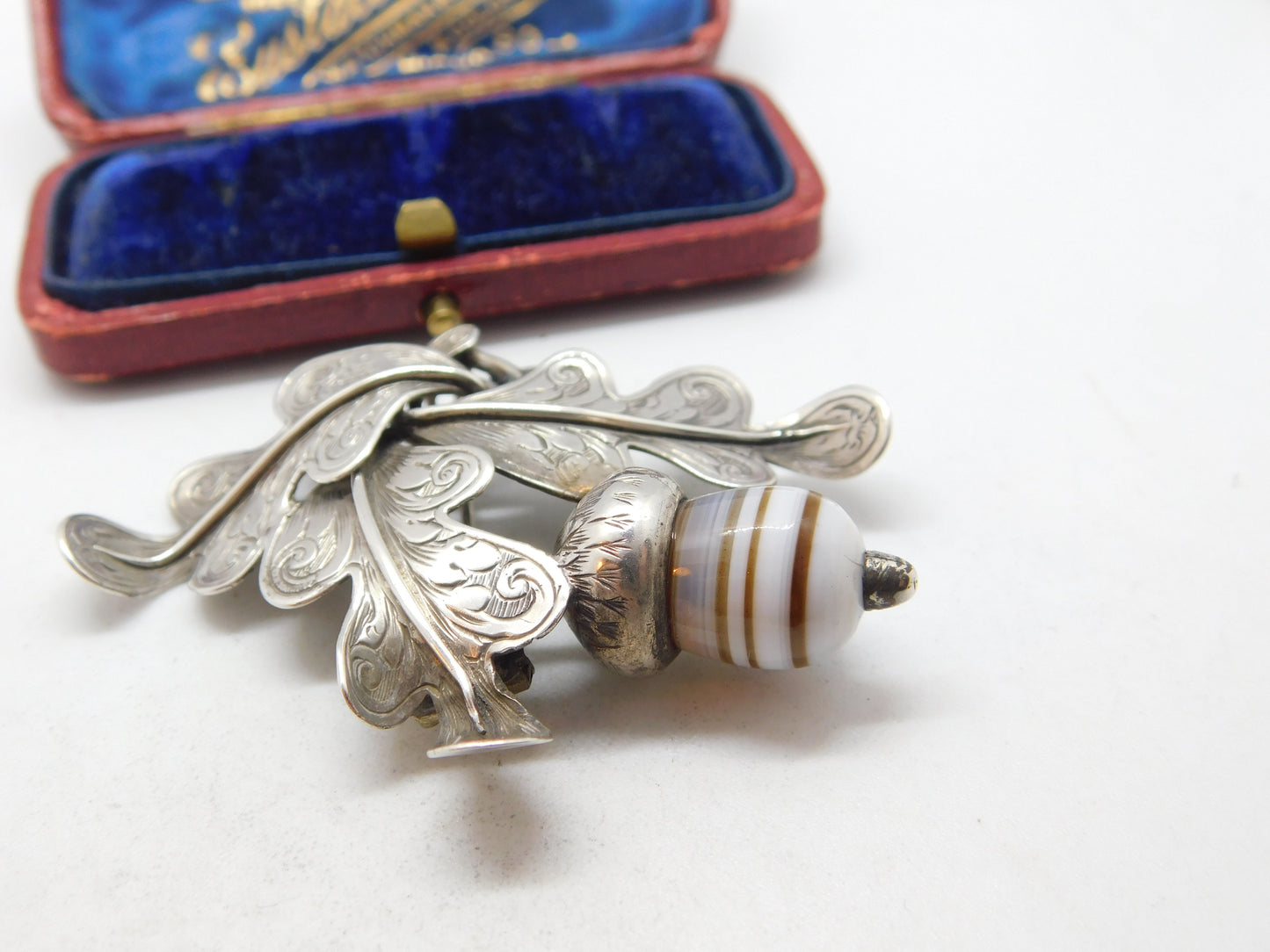 Scottish Victorian Sterling Silver Oak Leaf & Banded Agate Acorn Brooch c1860