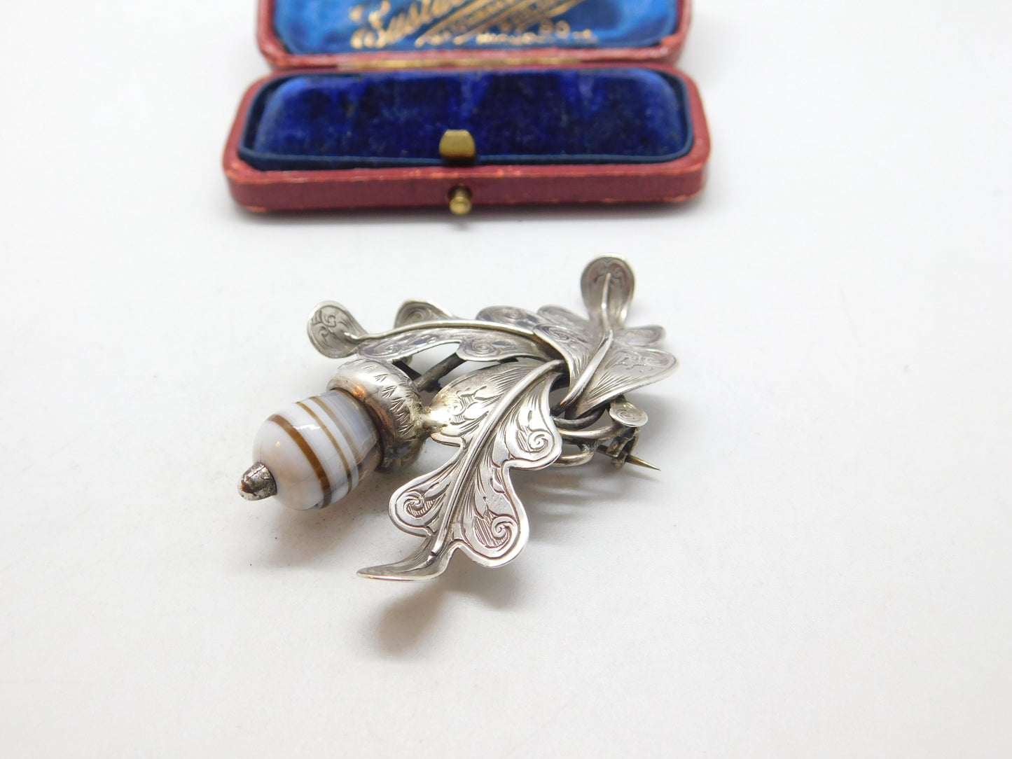 Scottish Victorian Sterling Silver Oak Leaf & Banded Agate Acorn Brooch c1860