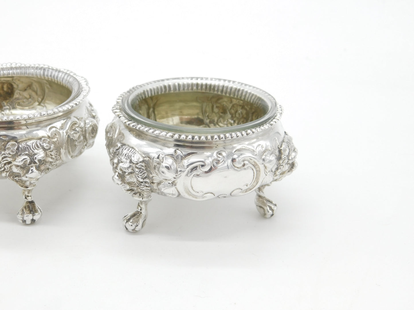 Pair of Victorian Sterling Silver Lion Mask Salt Cellars 1862 London Antique