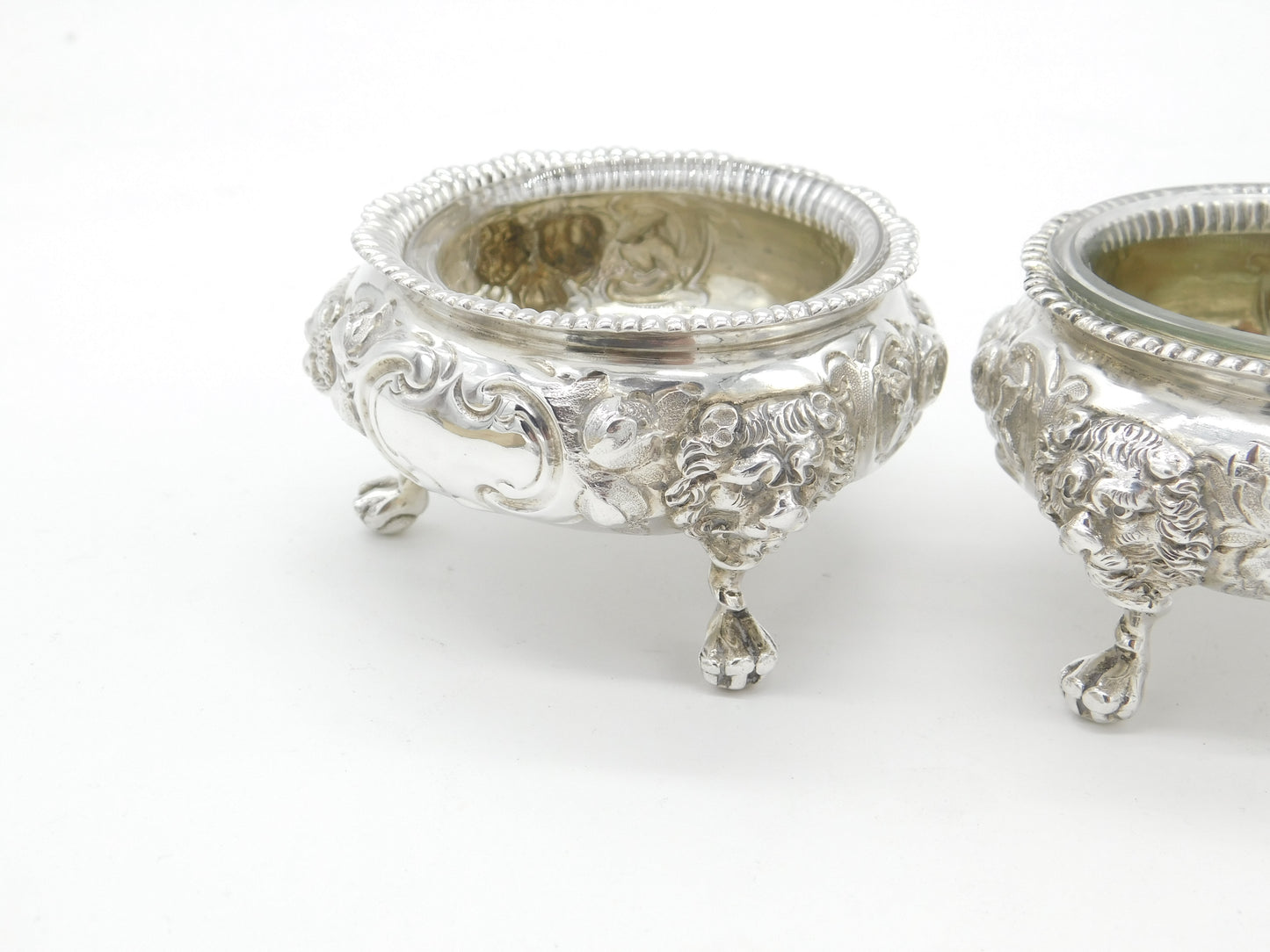 Pair of Victorian Sterling Silver Lion Mask Salt Cellars 1862 London Antique