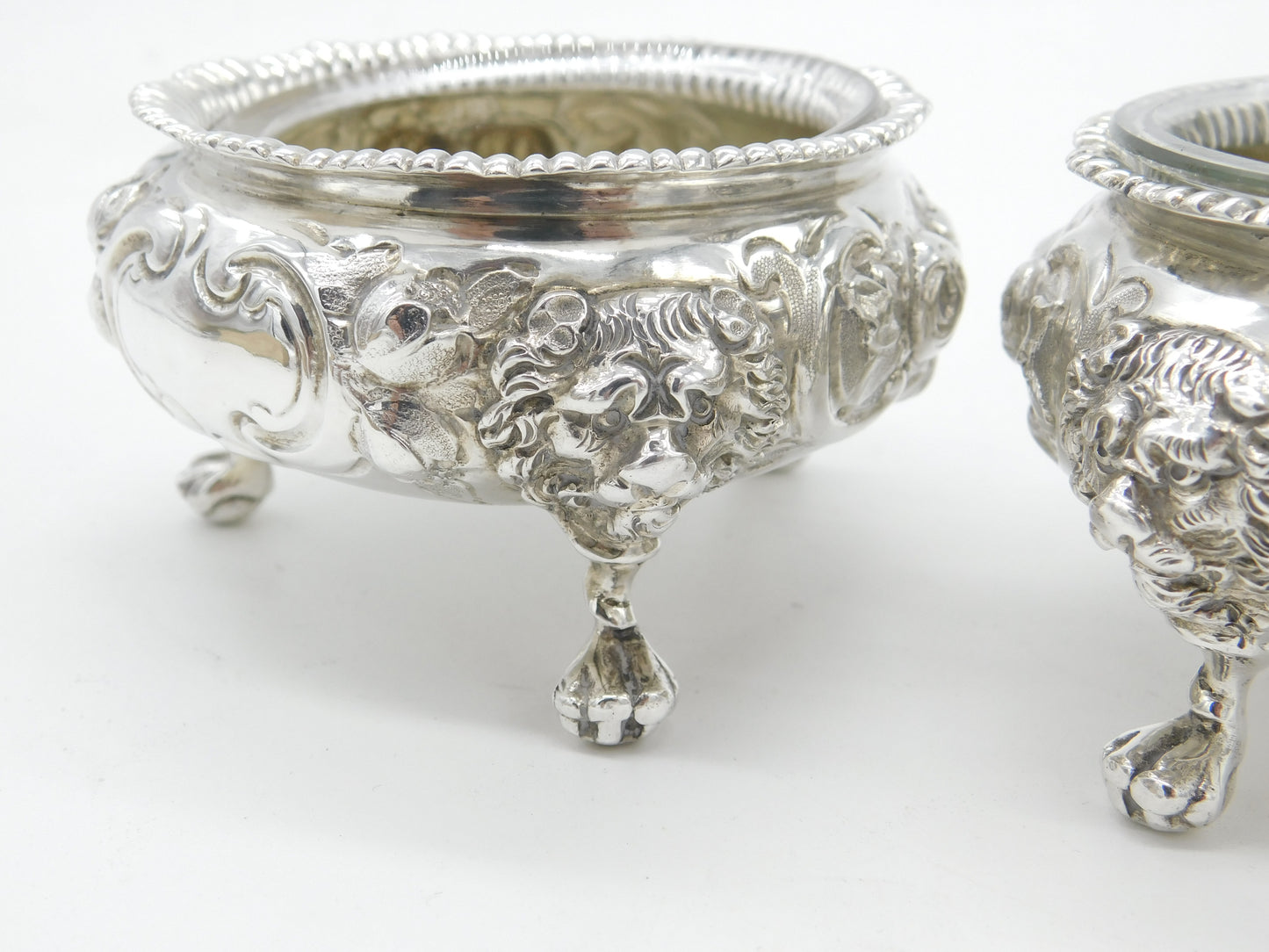 Pair of Victorian Sterling Silver Lion Mask Salt Cellars 1862 London Antique