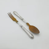 Victorian Pair Of French Sterling Silver & Olive Wood Salad Servers Antique 1890