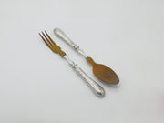 Victorian Pair Of French Sterling Silver & Olive Wood Salad Servers Antique 1890