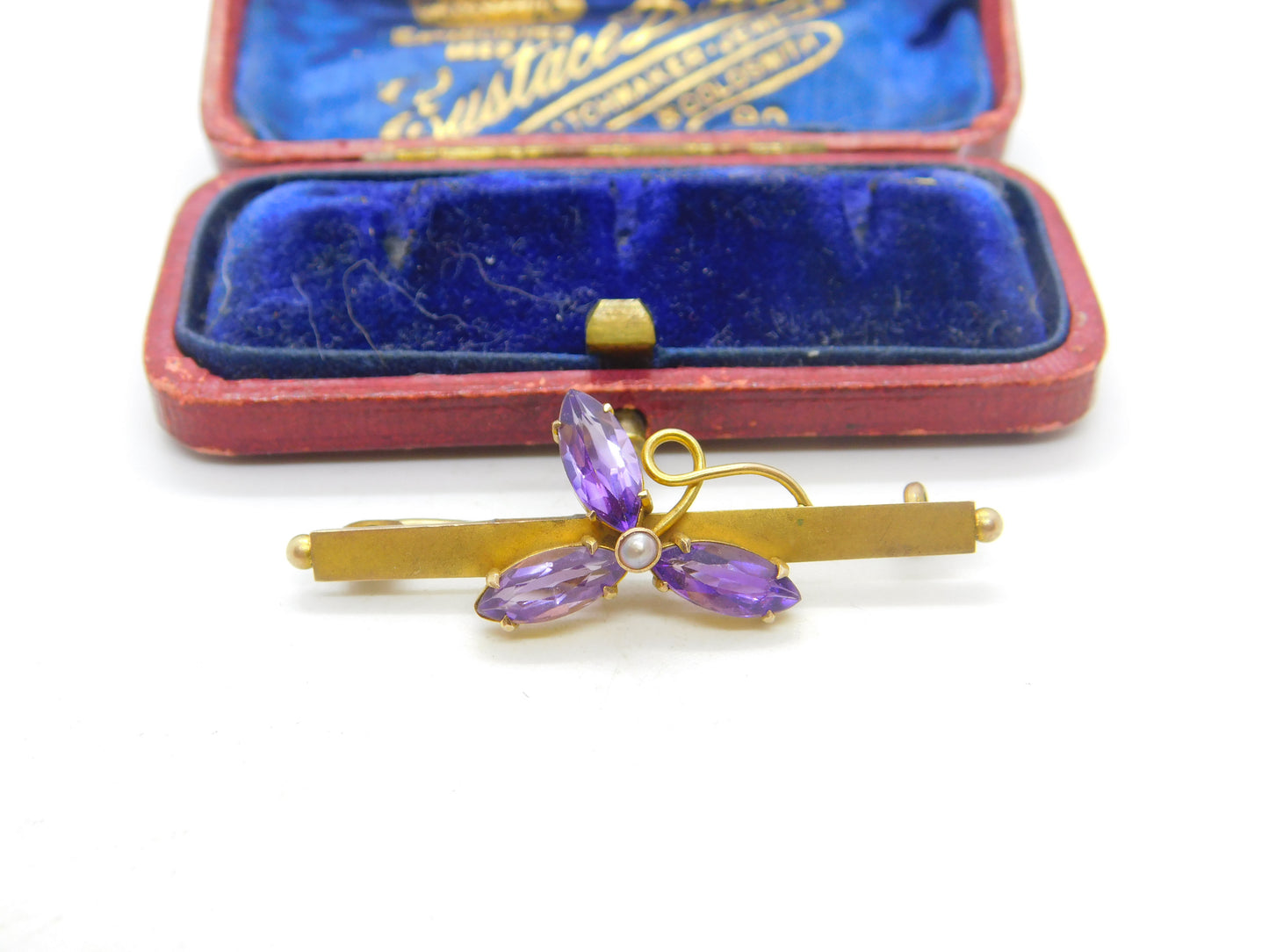 Edwardian 9ct Gold, Amethyst & Pearl Set Shamrock Brooch Antique c1910