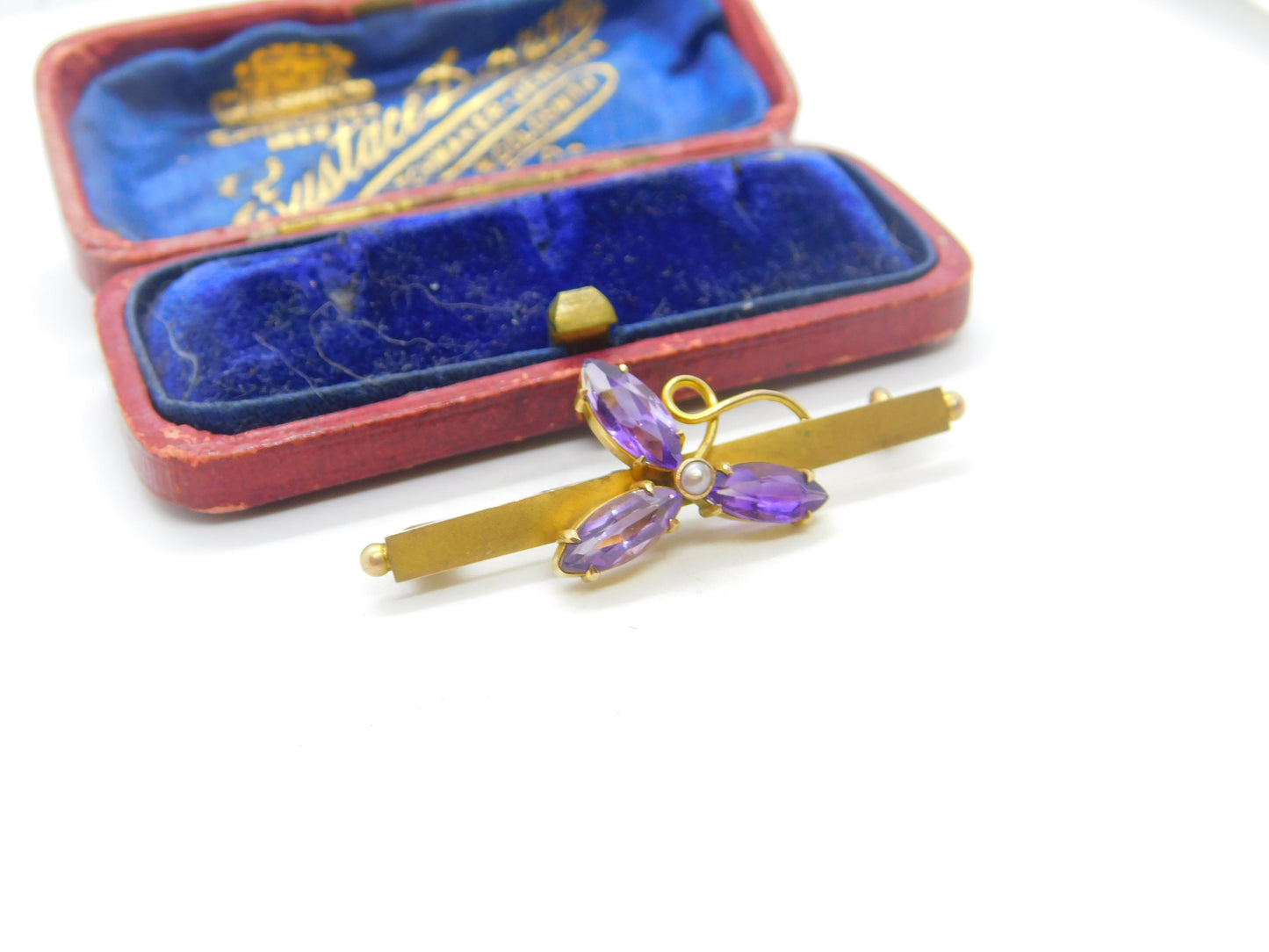 Edwardian 9ct Gold, Amethyst & Pearl Set Shamrock Brooch Antique c1910