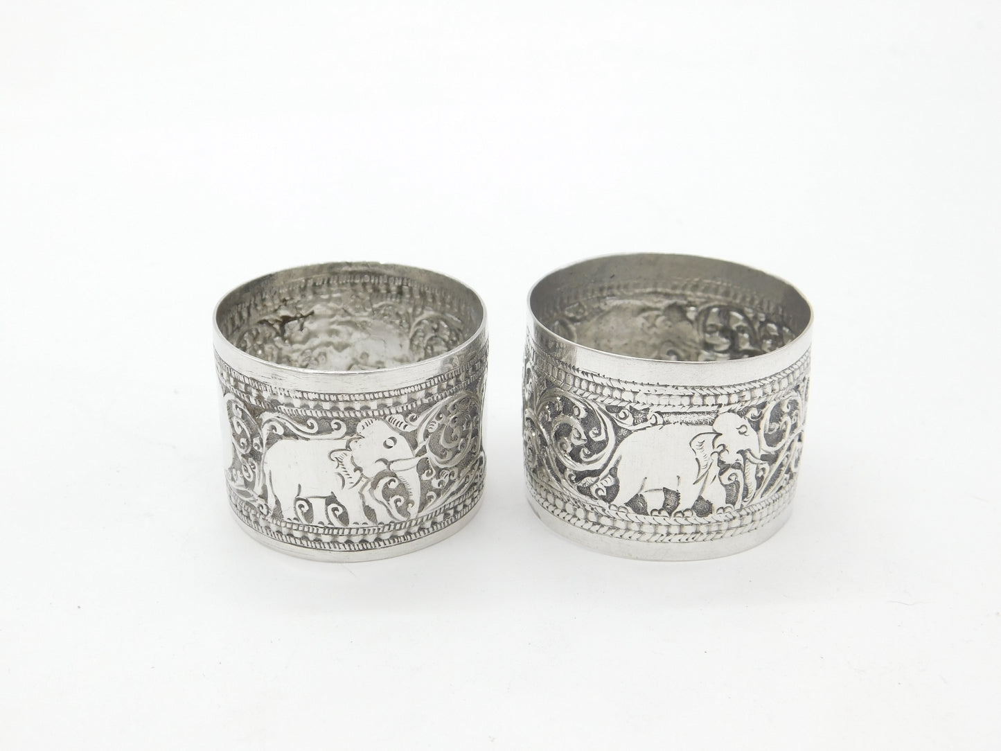 Pair of Victorian Indian Sterling Silver Napkin Rings Elephant Floral Patterns