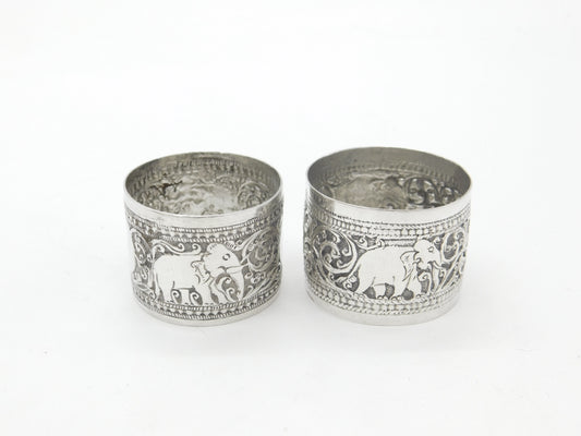 Pair of Victorian Indian Sterling Silver Napkin Rings Elephant Floral Patterns