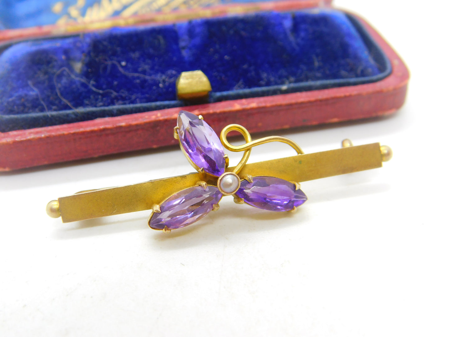 Edwardian 9ct Gold, Amethyst & Pearl Set Shamrock Brooch Antique c1910