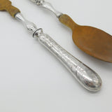 Victorian Pair Of French Sterling Silver & Olive Wood Salad Servers Antique 1890