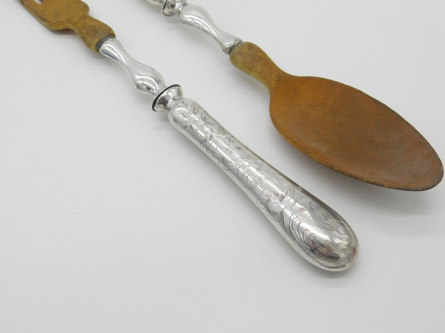 Victorian Pair Of French Sterling Silver & Olive Wood Salad Servers Antique 1890