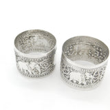 Pair of Victorian Indian Sterling Silver Napkin Rings Elephant Floral Patterns
