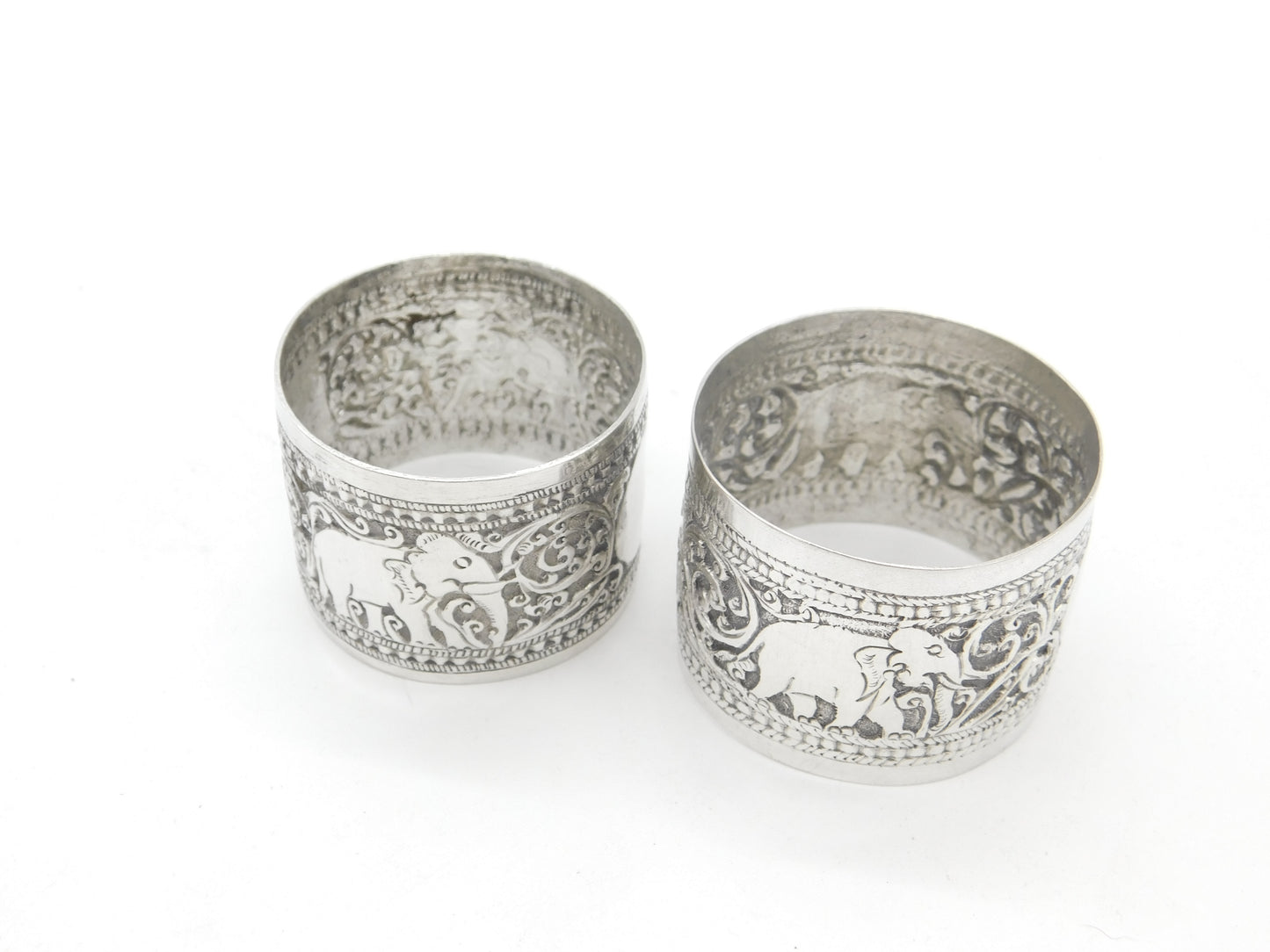 Pair of Victorian Indian Sterling Silver Napkin Rings Elephant Floral Patterns