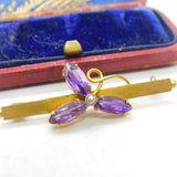 Edwardian 9ct Gold, Amethyst & Pearl Set Shamrock Brooch Antique c1910