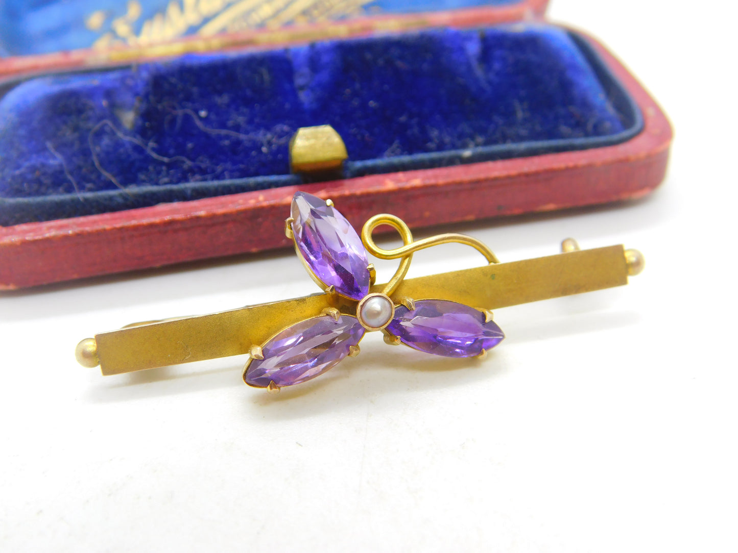 Edwardian 9ct Gold, Amethyst & Pearl Set Shamrock Brooch Antique c1910