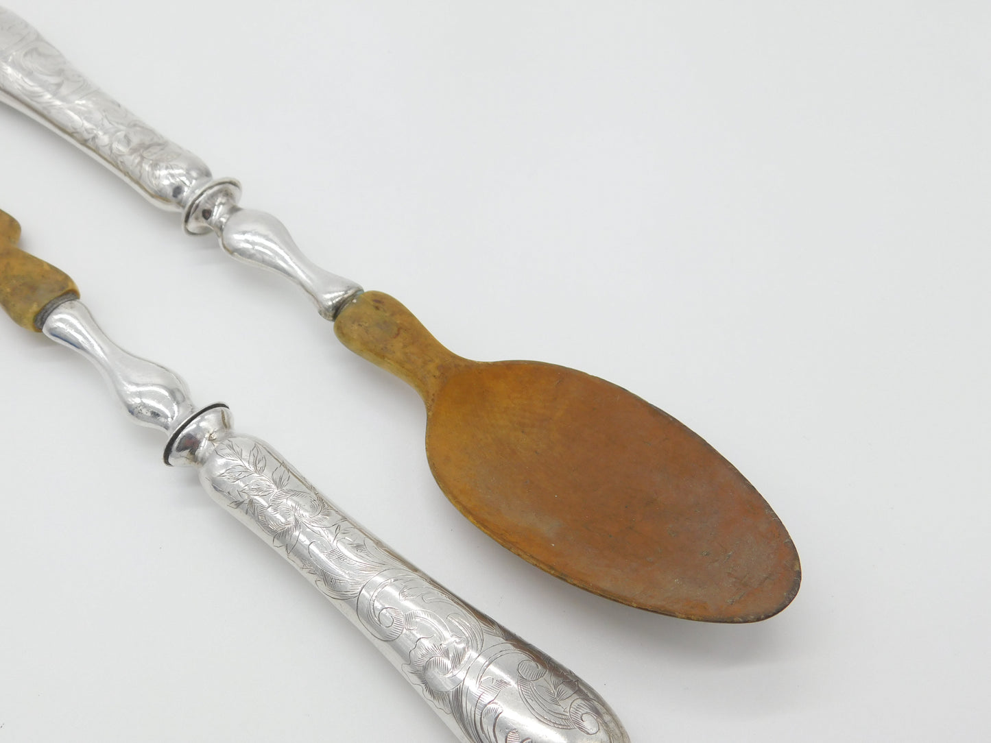 Victorian Pair Of French Sterling Silver & Olive Wood Salad Servers Antique 1890