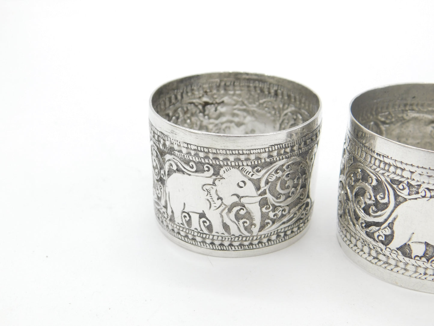 Pair of Victorian Indian Sterling Silver Napkin Rings Elephant Floral Patterns