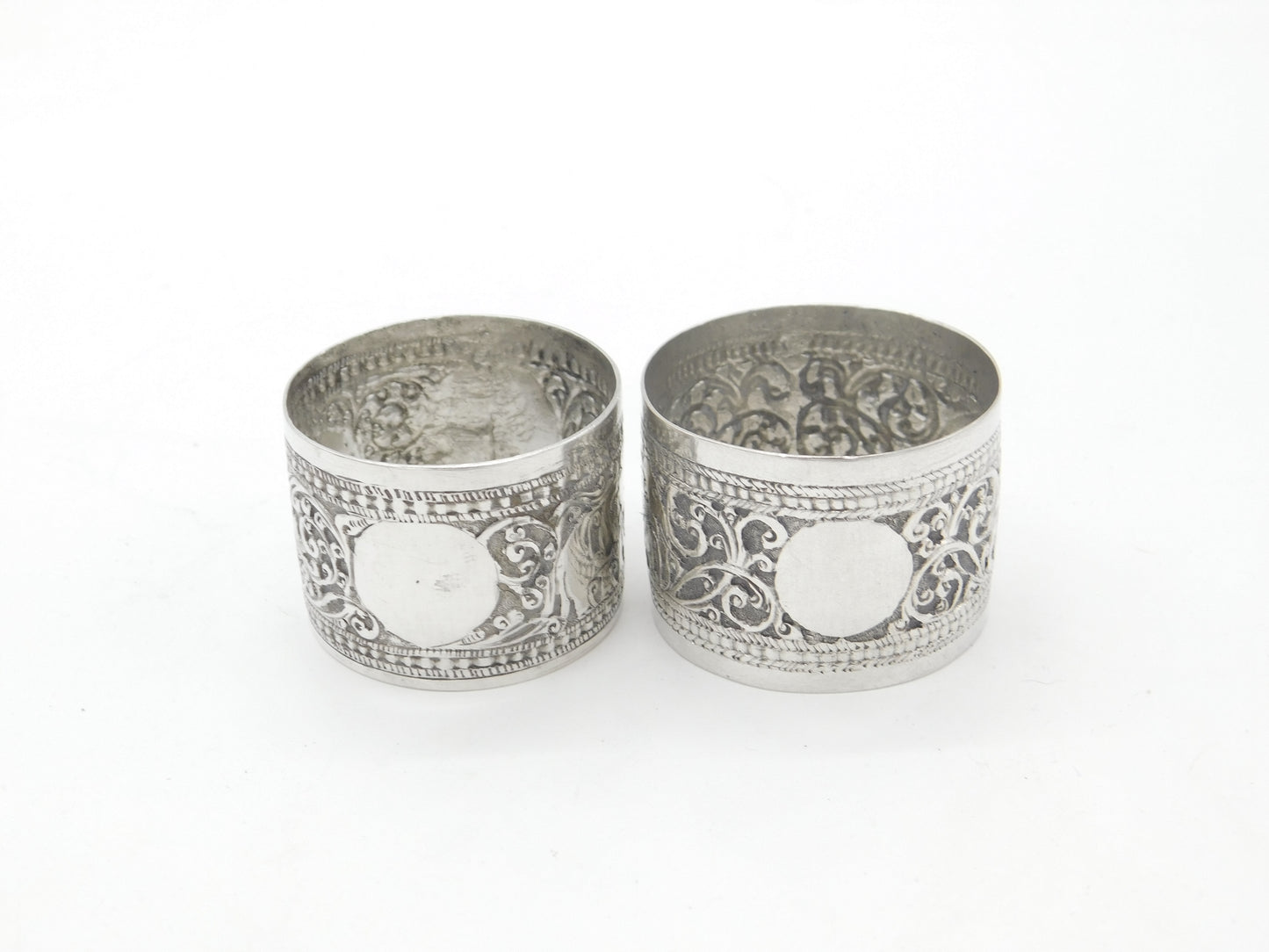 Pair of Victorian Indian Sterling Silver Napkin Rings Elephant Floral Patterns