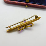 Edwardian 9ct Gold, Amethyst & Pearl Set Shamrock Brooch Antique c1910