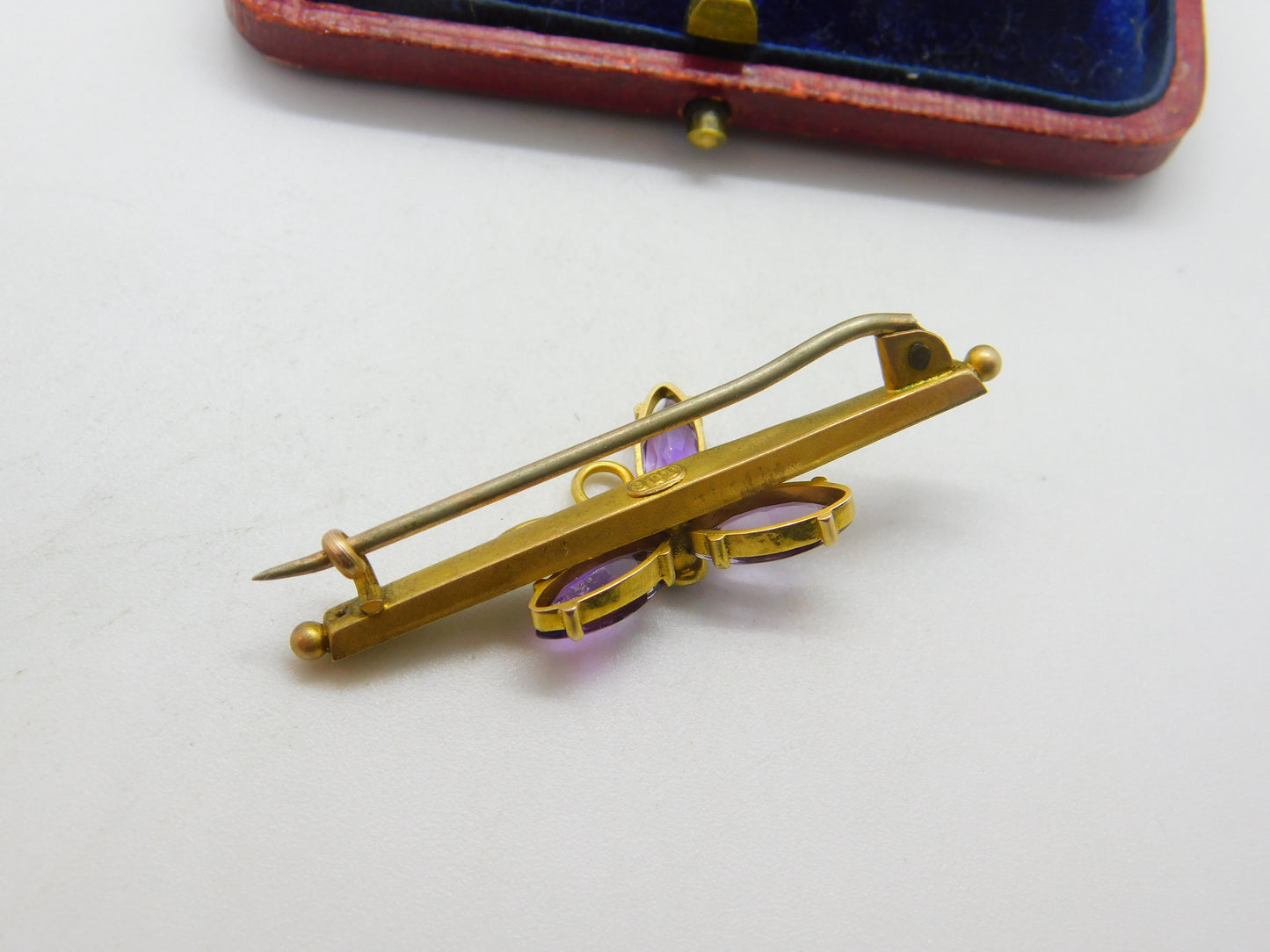 Edwardian 9ct Gold, Amethyst & Pearl Set Shamrock Brooch Antique c1910