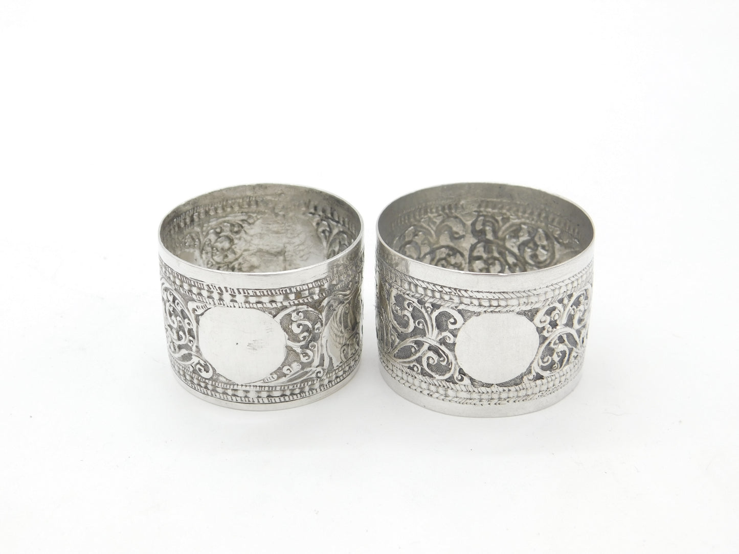 Pair of Victorian Indian Sterling Silver Napkin Rings Elephant Floral Patterns