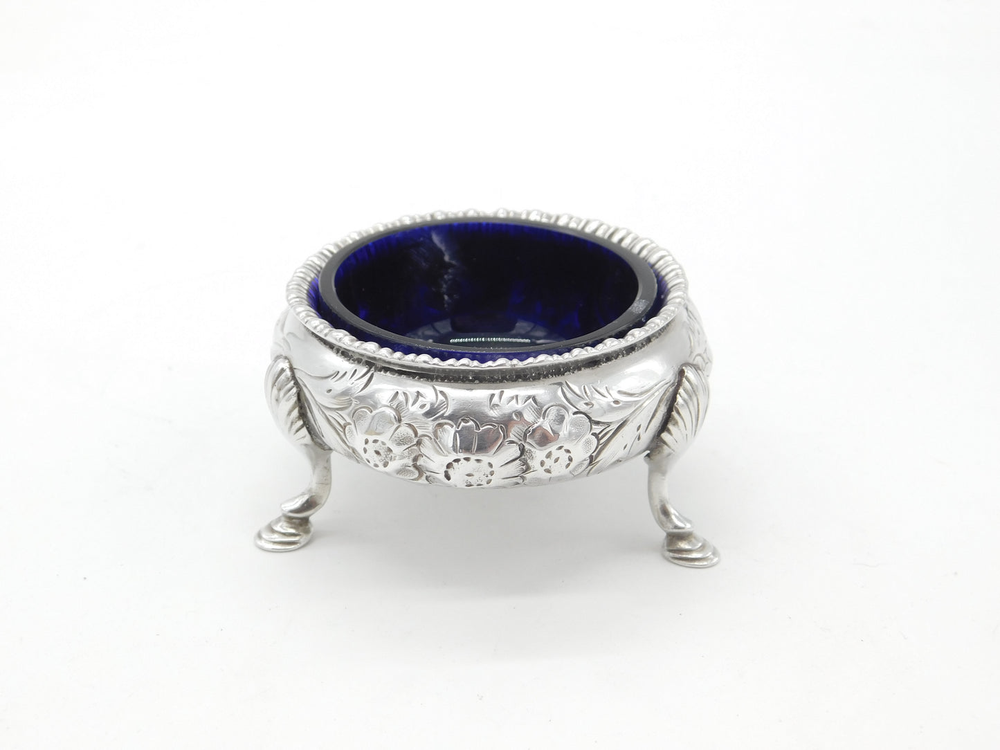 Victorian Sterling Silver Floral Pattern Blue Lined Salt Cellar 1858 London