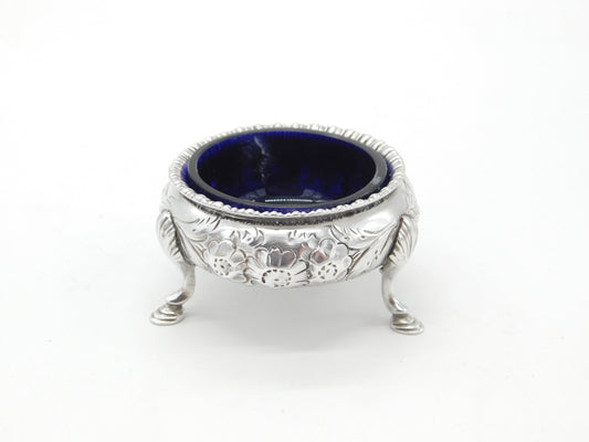 Victorian Sterling Silver Floral Pattern Blue Lined Salt Cellar 1858 London