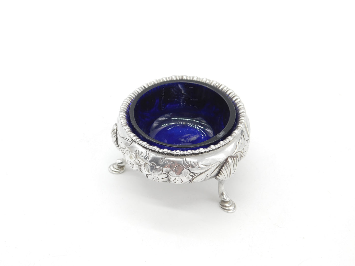 Victorian Sterling Silver Floral Pattern Blue Lined Salt Cellar 1858 London