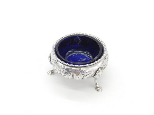 Victorian Sterling Silver Floral Pattern Blue Lined Salt Cellar 1858 London