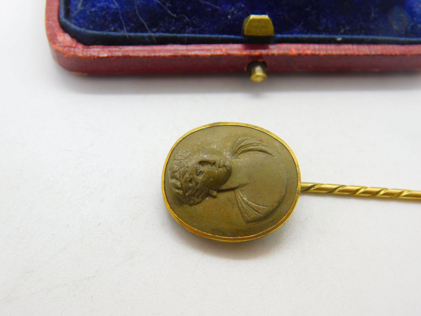 Grand Tour Yellow Metal & Carved Lava Classical Stick Pin c1830 Antique