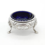 Victorian Sterling Silver Floral Pattern Blue Lined Salt Cellar 1858 London