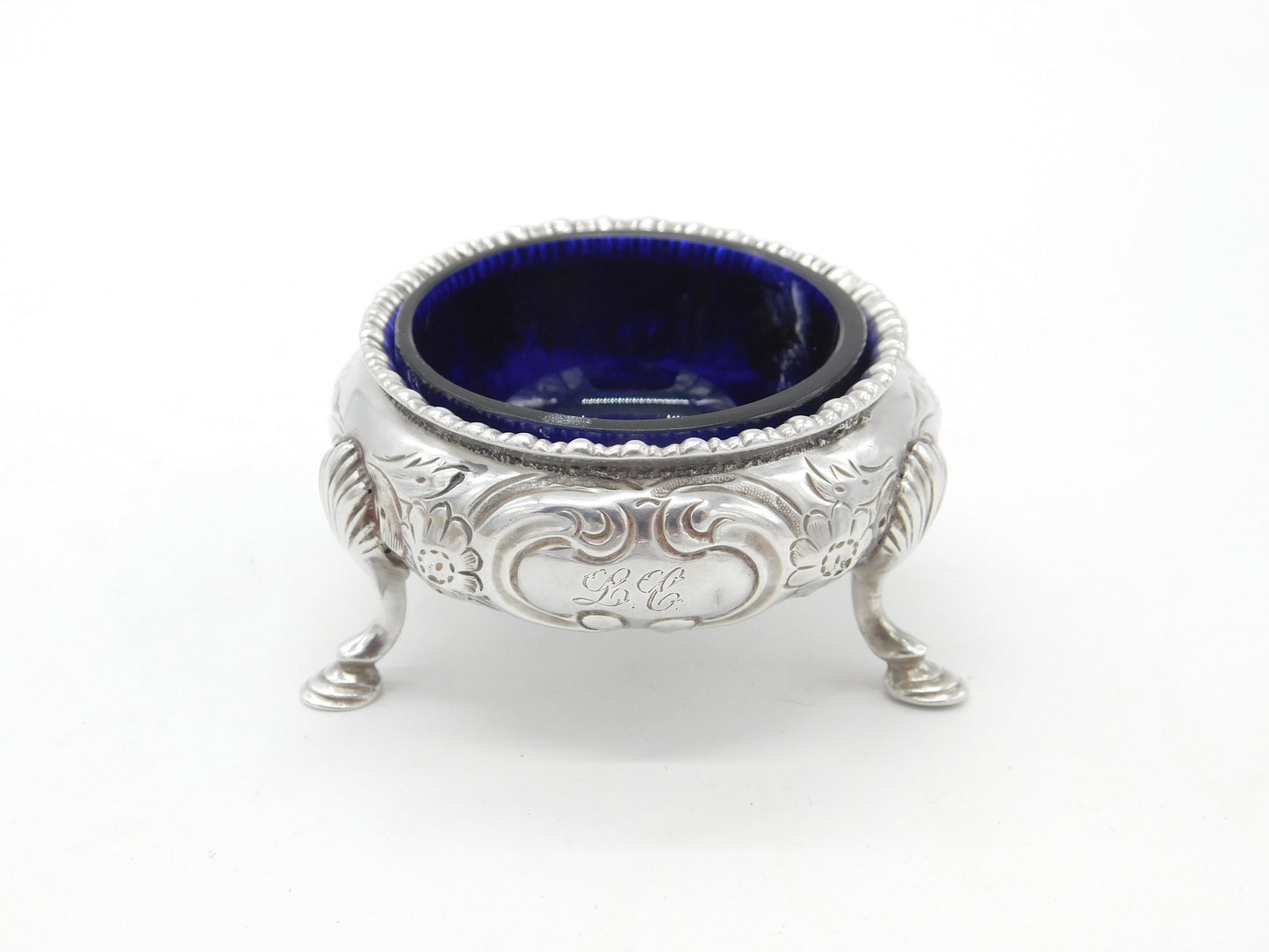 Victorian Sterling Silver Floral Pattern Blue Lined Salt Cellar 1858 London