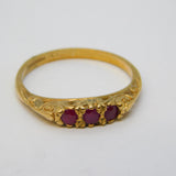9ct Yellow Gold Three-Stone Ruby Set Dress Ring Vintage c1980 Birmingham